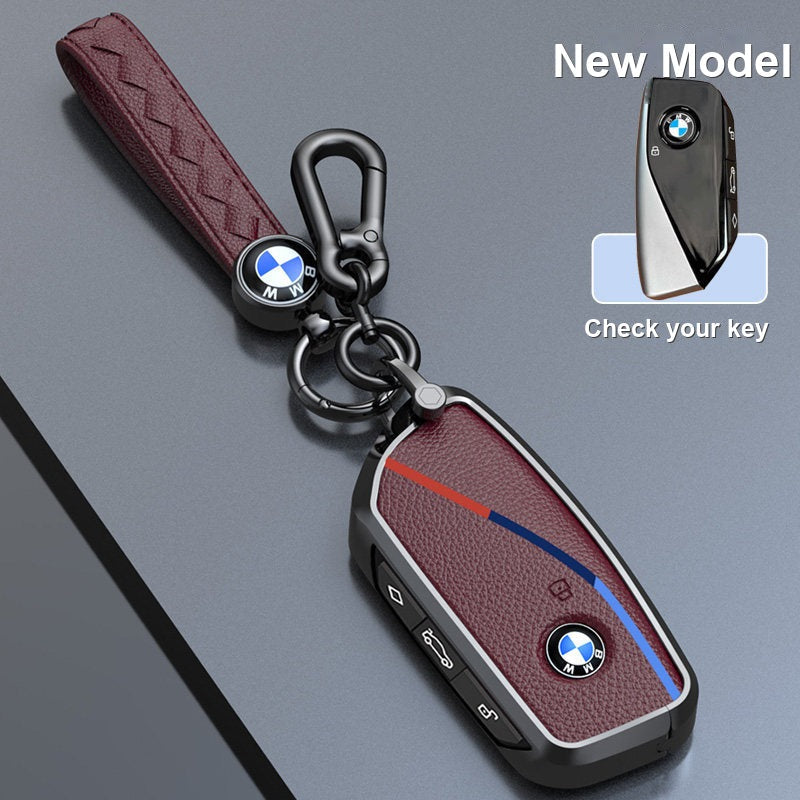 BMW genuine leather key fob case cover in Brown-Red for New Model smart key with keychain - fits 3/5 Series, X1 X3 X5 X7, i5, 2 Series