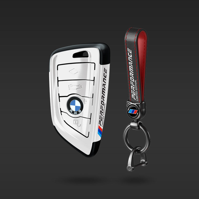 BMW Blade key fob case in white with leather strap keychain