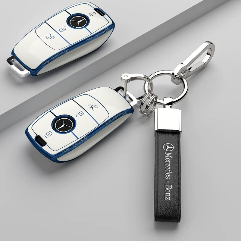 Mercedes-Benz Riviera Two-Tone Key Case – Ivory White – Blue Trim, Slim Script with Mercedes-Benz Script Strap