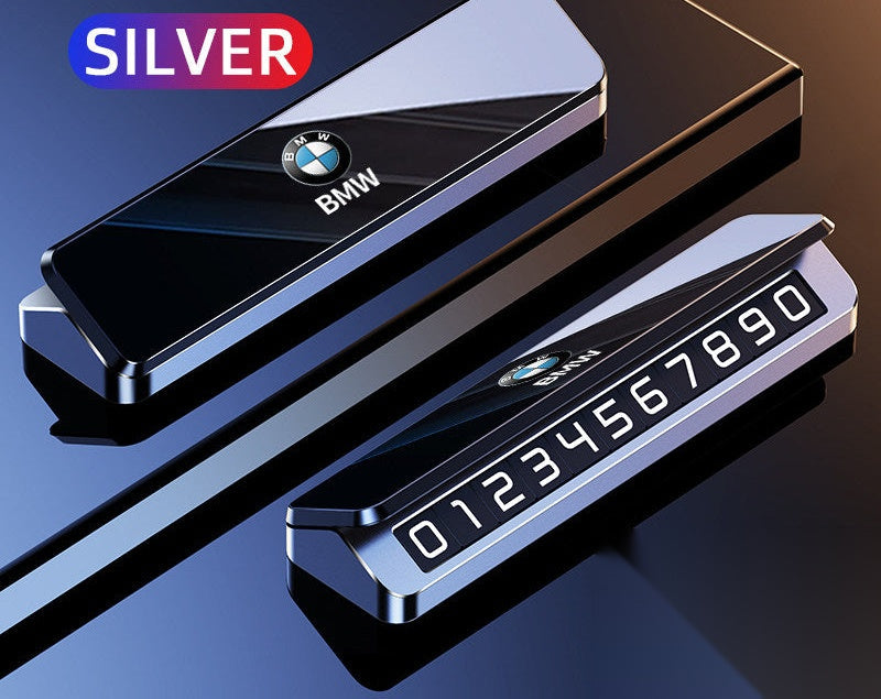 BMW Plain Black parking number plate in silver-toned finish