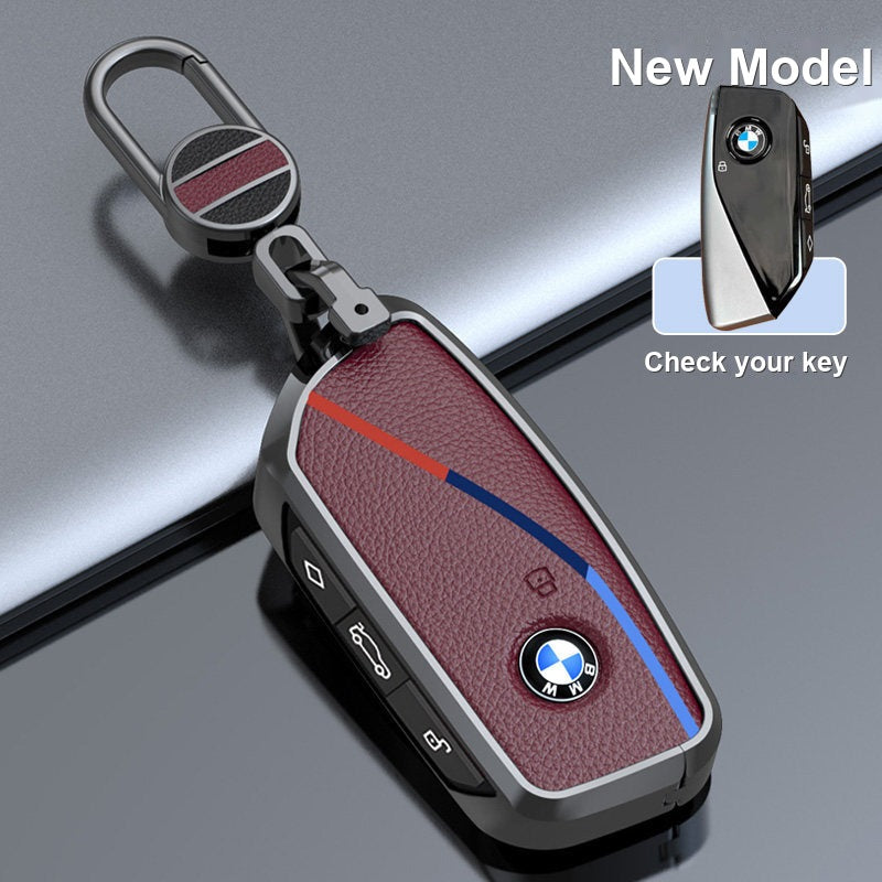 BMW genuine leather key fob case cover in Brown-Red for New Model smart key with keychain - fits 3/5 Series, X1 X3 X5 X7, i5, 2 Series