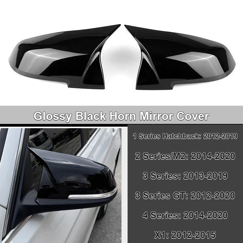 BMW glossy black horn mirror cover with fitment chart - 1 Series, 2 Series/M2, 3 Series, 3 Series GT, 4 Series, X1