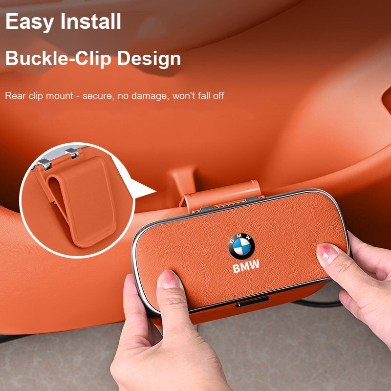 BMW car trash bin orange color, easy install buckle-clip rear mount