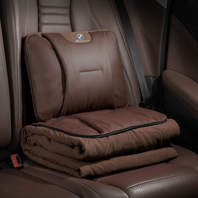 BMW car lumbar back support pillow with matching blanket, brown leather