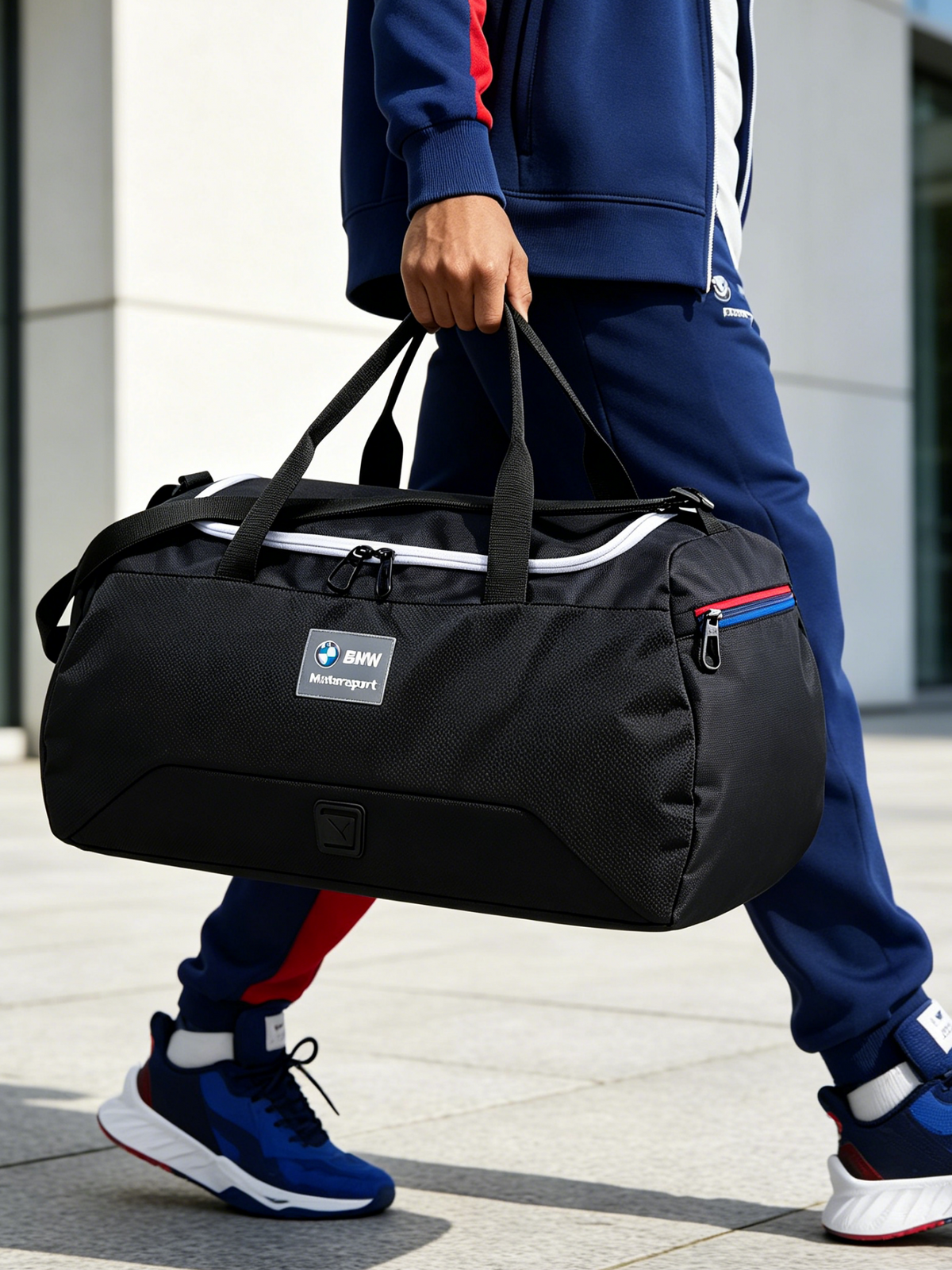 BMW M Motorsport duffel bag being carried by hand, black colorway