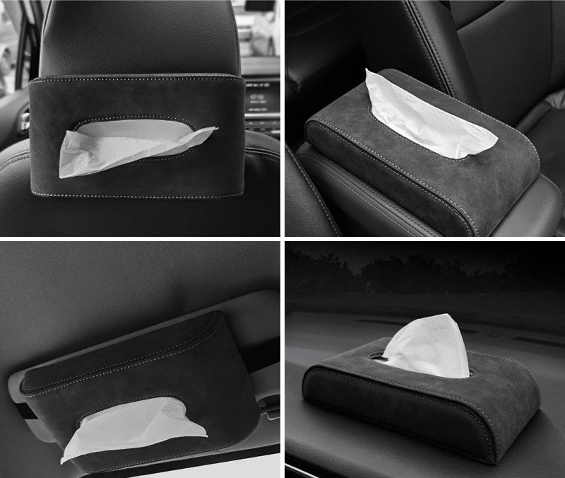 BMW suede tissue box holder mounted on rear headrest, center console, sun visor and dashboard