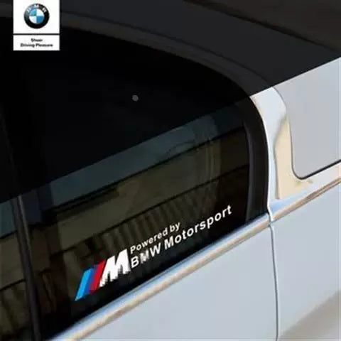 Close-up of BMW M Motorsport window sticker on rear quarter window