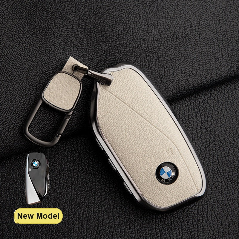 BMW New Model key fob case in Ivory White ALRAN French goat leather with Square Buckle Keyring - fits X1 X3 X5 X7, 5/7 Series, 740Li, i7