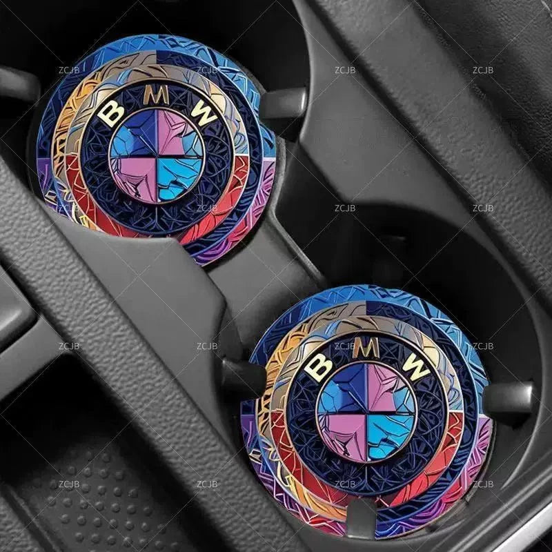 BMW car coaster in leather-trimmed cup holder, side view