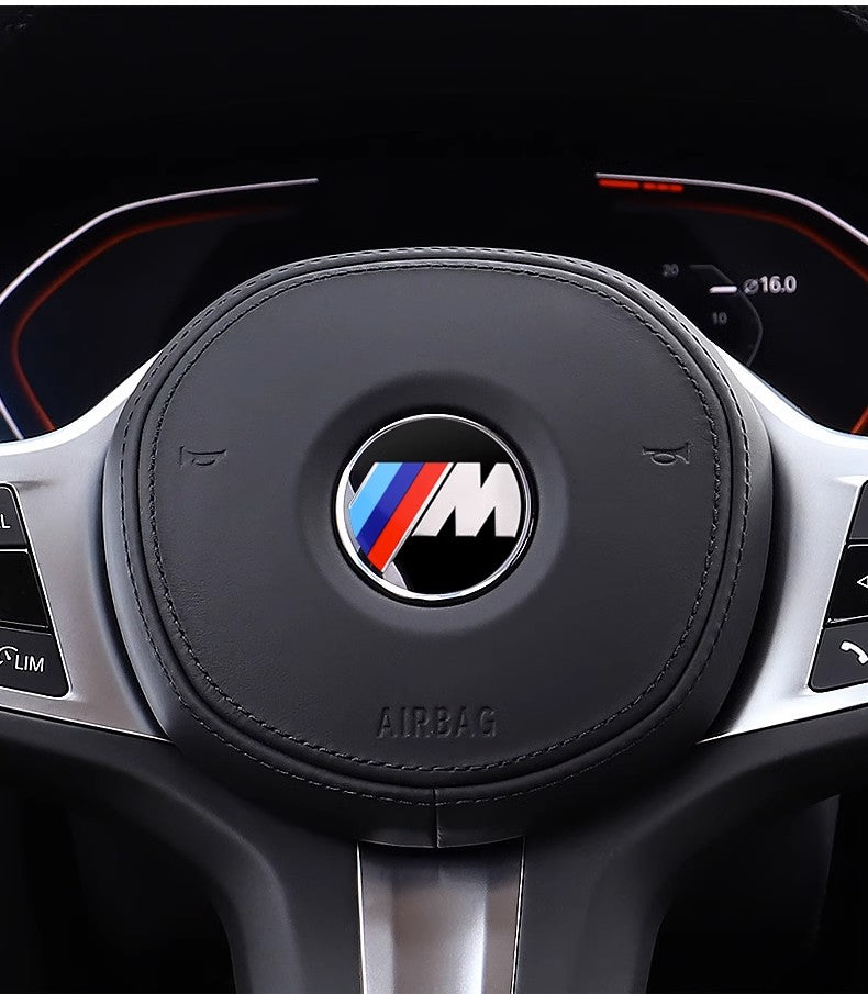 BMW M Mark steering wheel badge installed