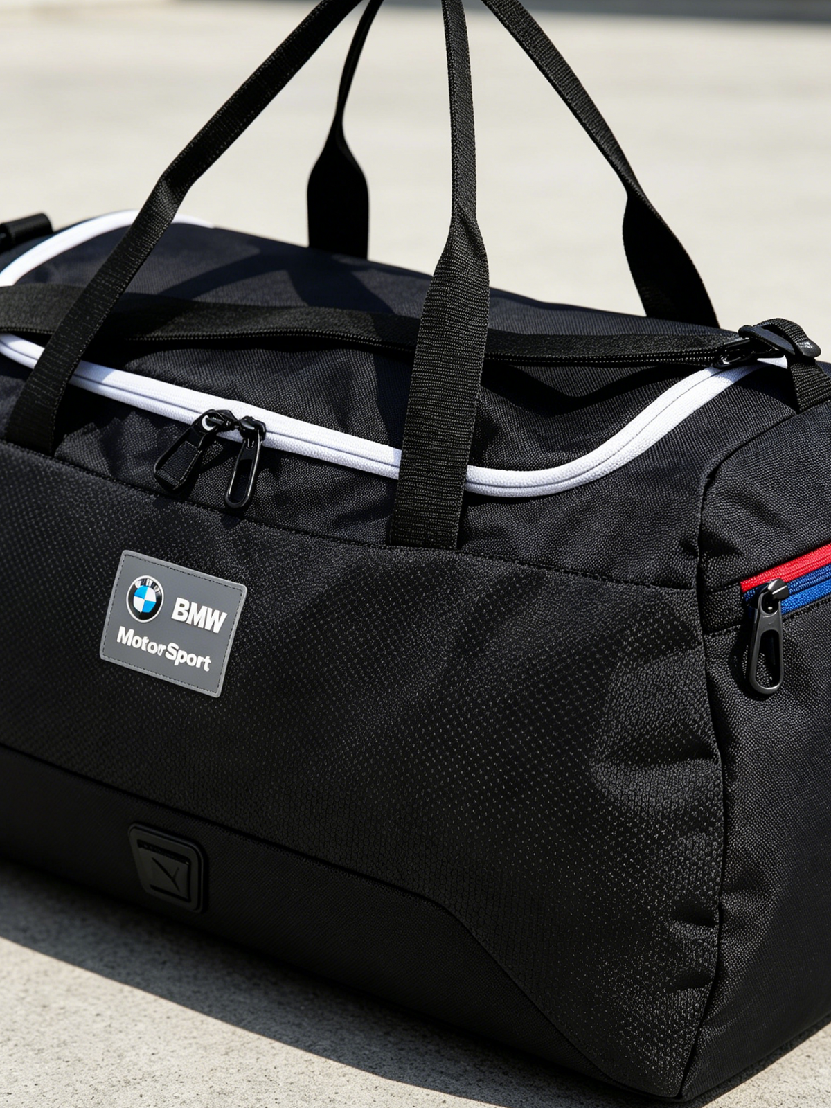 Close-up of BMW M Motorsport duffel bag logo badge and zipper details