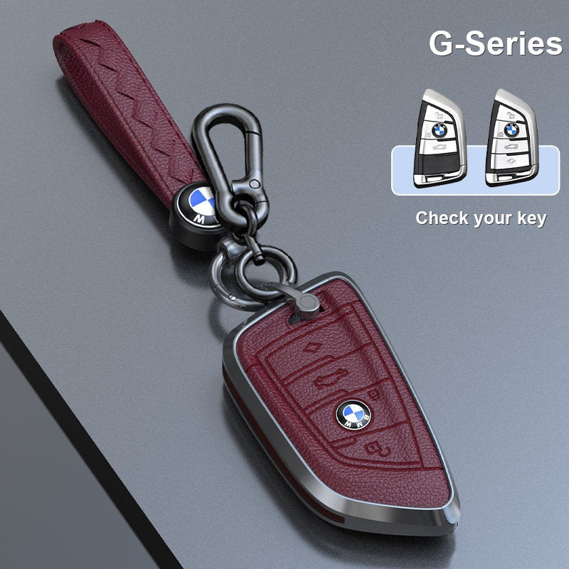 BMW genuine leather key fob case cover in Brown-Red for G-Series smart key with keychain - fits 3/5 Series, X1 X3 X5 X7, i5, 2 Series