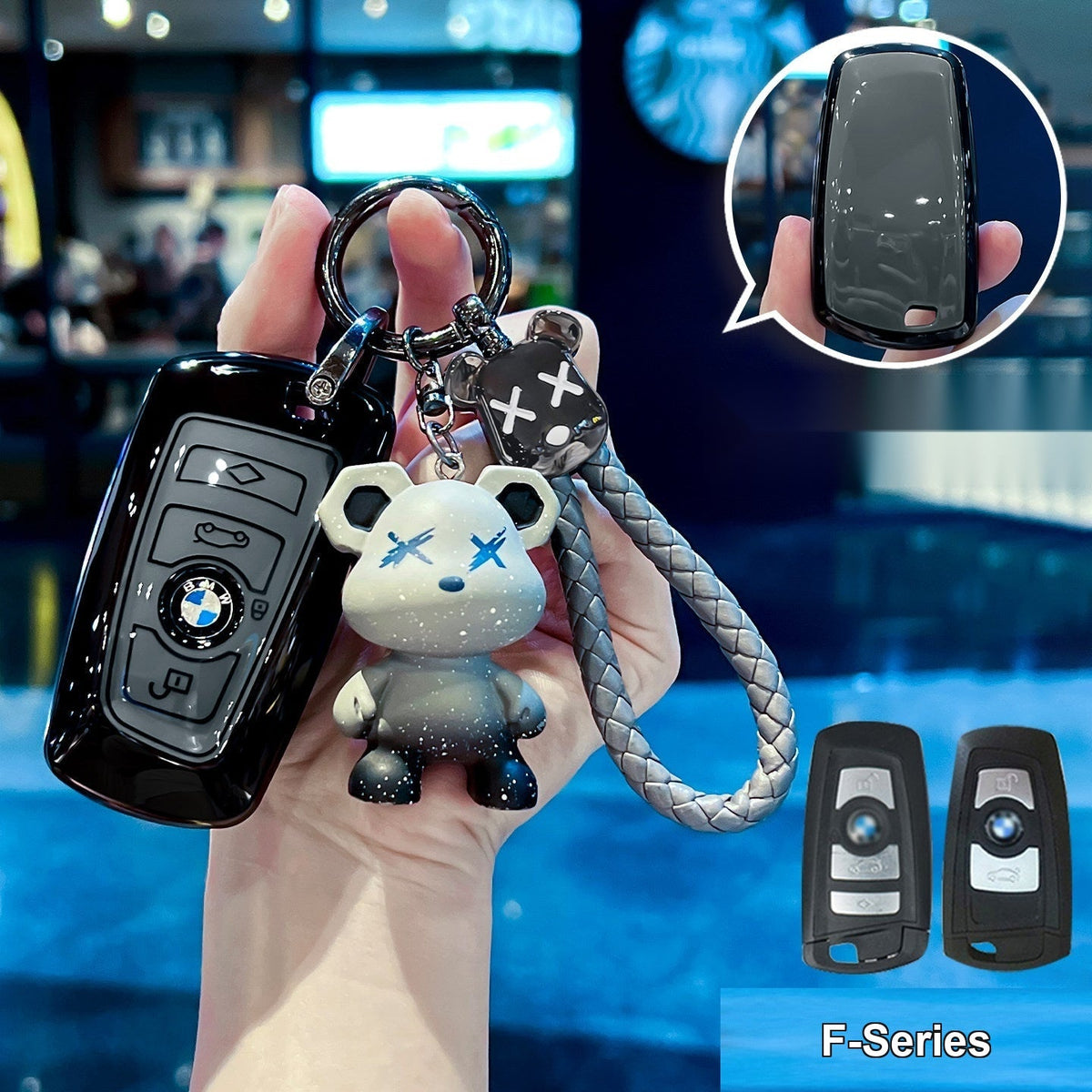 BMW smart key fob glossy black/gray TPU case Style A with bear braided rope keychain and gradient bear charm