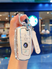 Étui pour clé BMW - TPU blanc crème serti de strass avec breloque