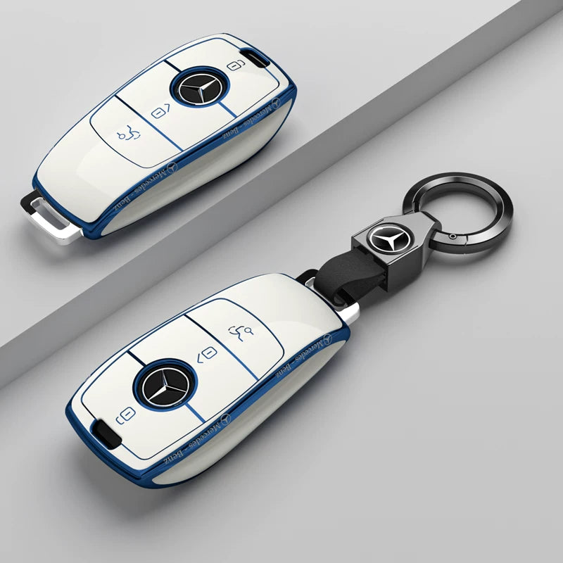 Mercedes-Benz Riviera Two-Tone Key Case – Ivory White – Blue Trim, Slim Script with Star Ring Keychain