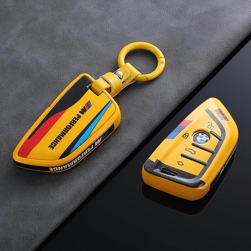 BMW Style B G-Series key fob case, yellow shell, yellow leather buckle keychain