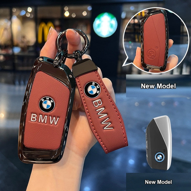 BMW key case New Model - Volcanic Red Leather (Metal Badge) + Leather Cord