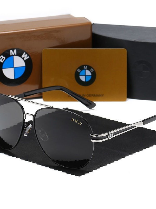 BMW polarized aviator sunglasses black silver frame with gift box and card