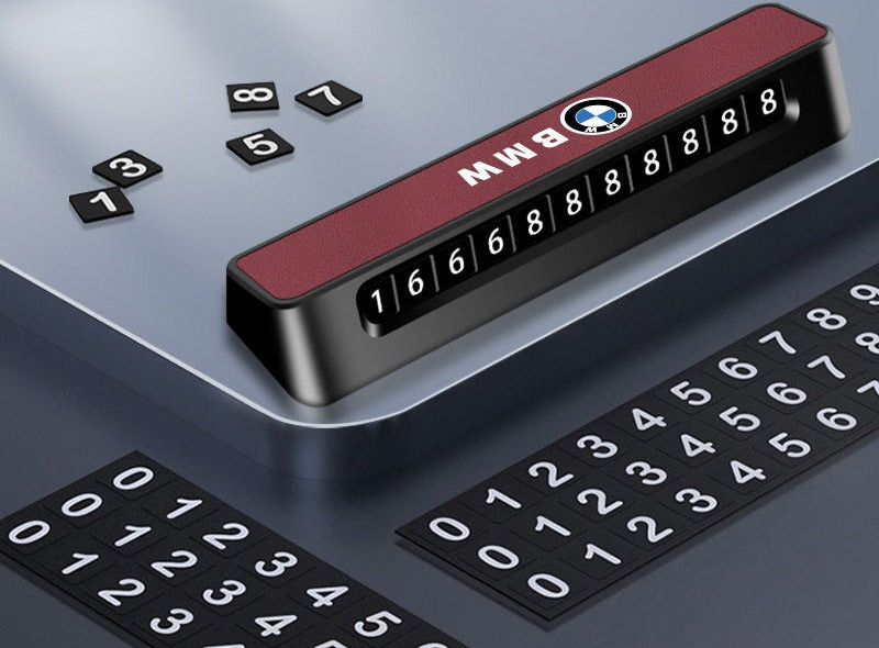 BMW parking plate with adjustable number tiles for setting your phone number
