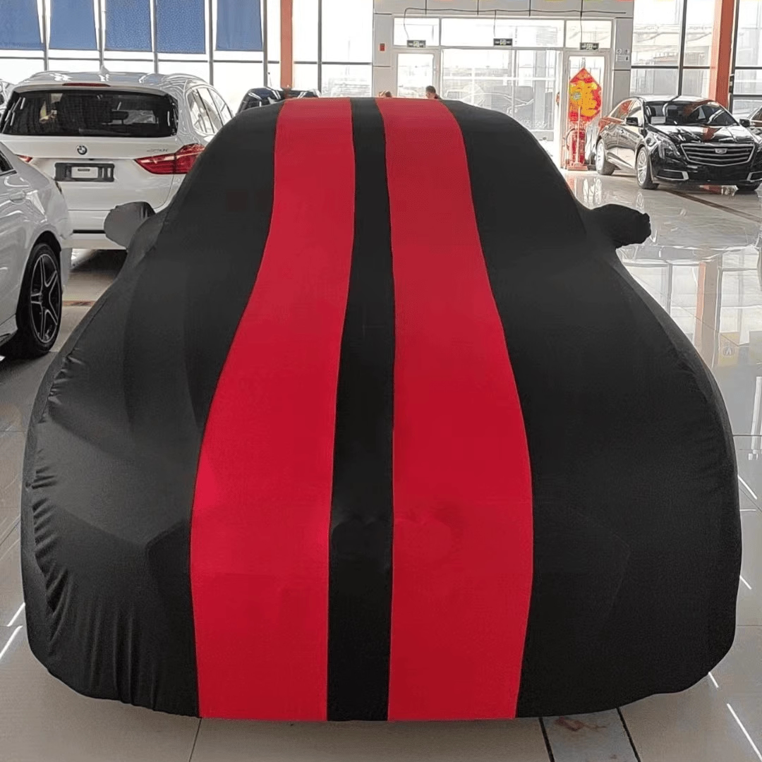 BMW car cover with red center racing stripe, black base