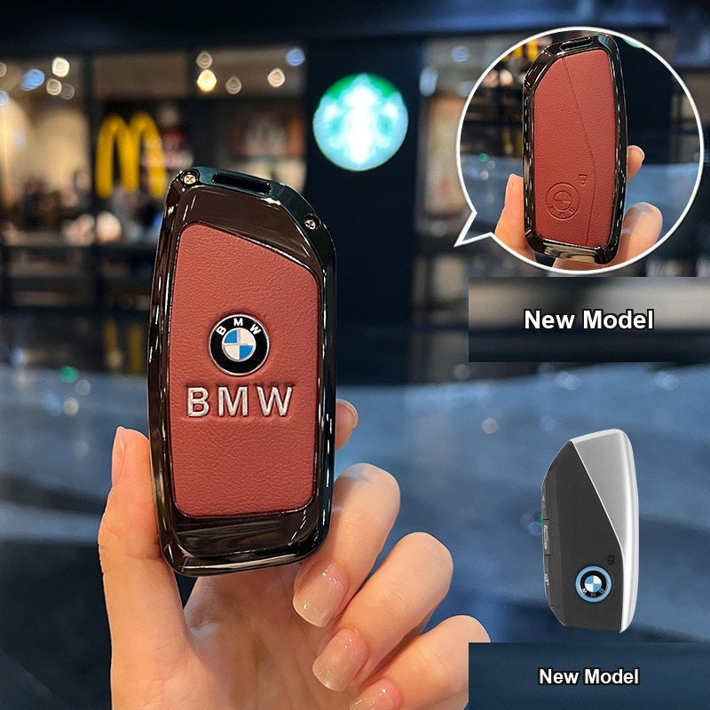 BMW key case New Model - Volcanic Red Leather (Metal Badge) (Shell Only, No Keychain)
