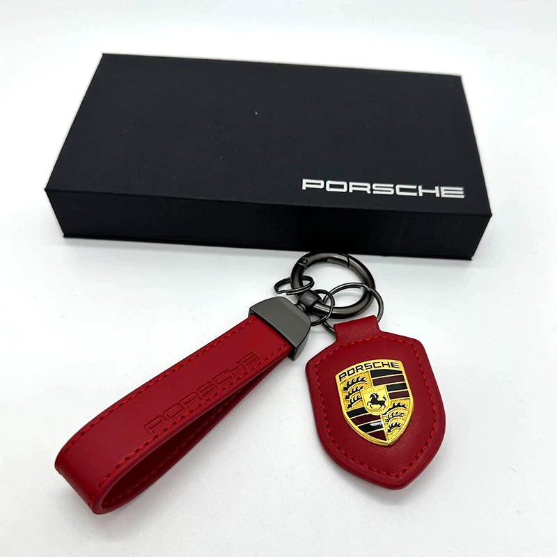 Porsche crest leather key fob in Guards Red