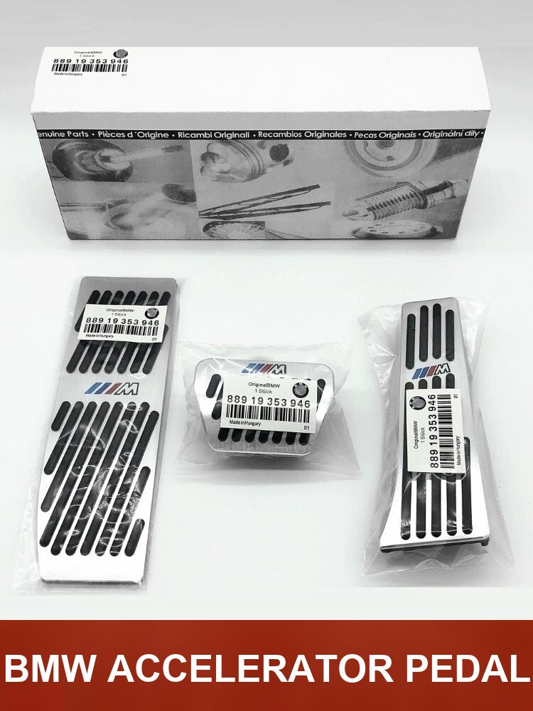 BMW M Sport aluminum alloy accelerator, brake and dead pedal covers with genuine BMW packaging