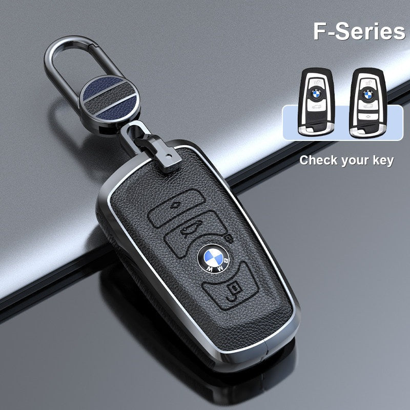 BMW genuine leather key fob case cover in Premium Black for F-Series smart key with keychain - fits 3/5 Series, X1 X3 X5 X7, i5, 2 Series