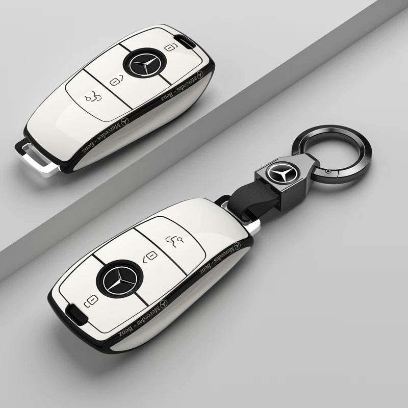 Mercedes-Benz Riviera Two-Tone Key Case – Ivory White – Black Trim, Slim Script with Star Ring Keychain