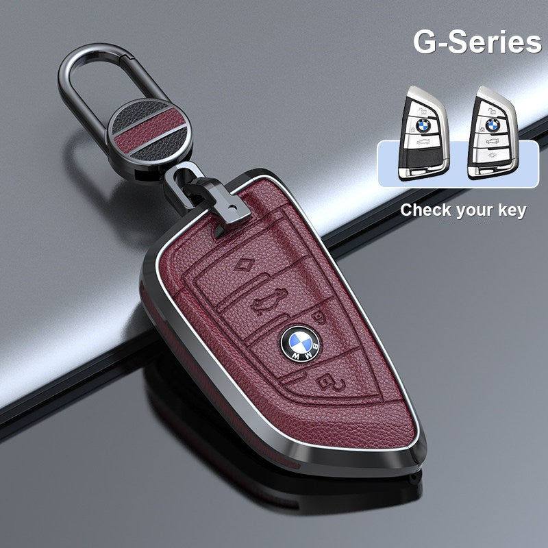 BMW genuine leather key fob case cover in Brown-Red for G-Series smart key with keychain - fits 3/5 Series, X1 X3 X5 X7, i5, 2 Series