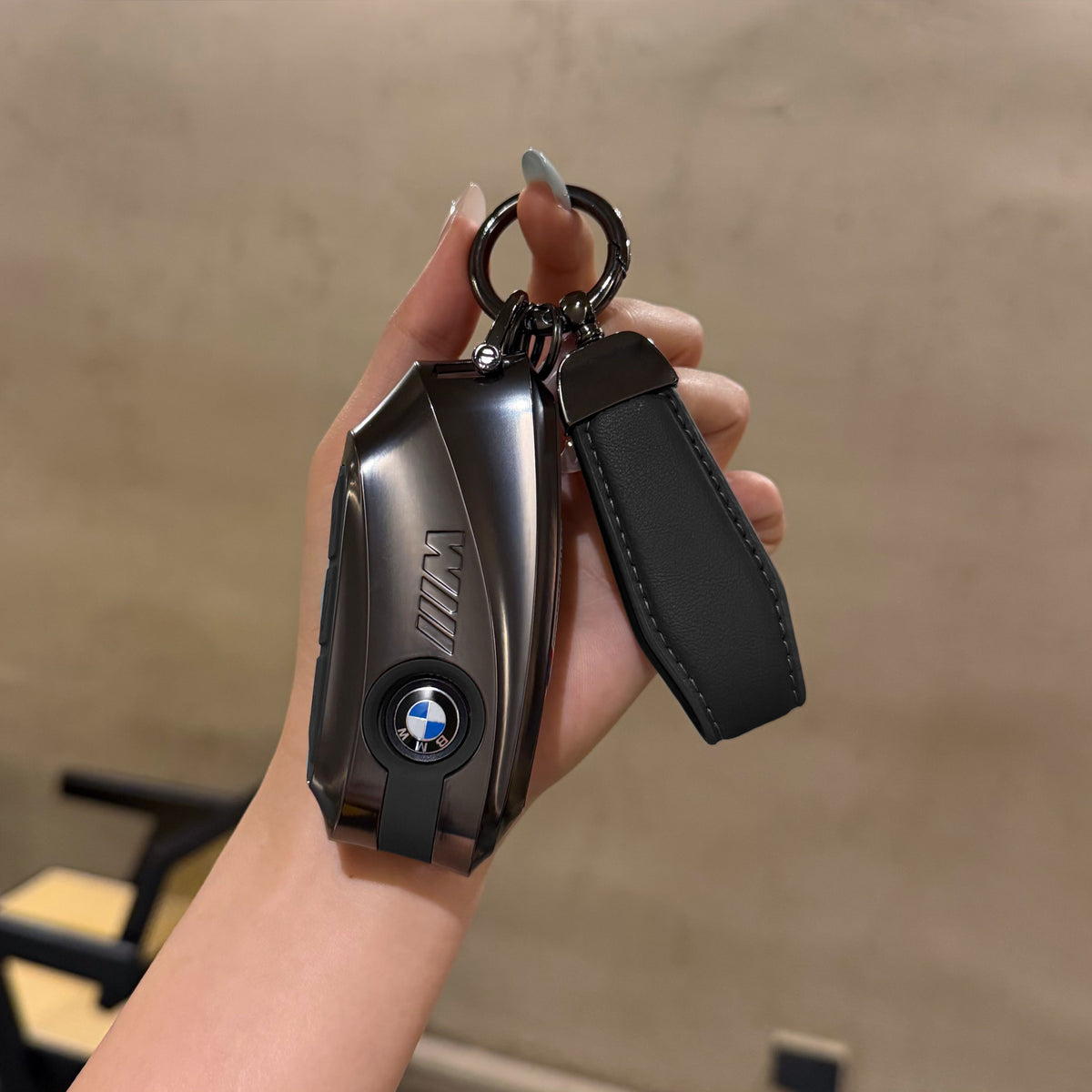 BMW Smart Key Fob Case - Style D, Black Shell / Black Interior, + Genuine Leather Keychain