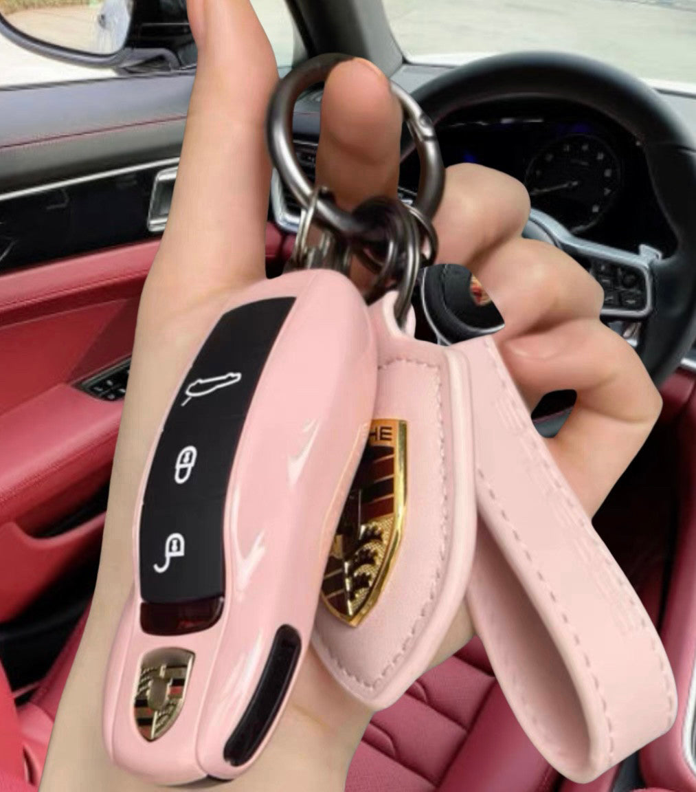 Porsche Key Case Set – Glossy Shell with Wrist Strap and Crest Keychain for Macan, Cayenne, Panamera, 911, Taycan and 718