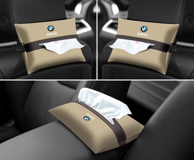 Beige leather BMW tissue holder - set of 3, seat back and armrest views