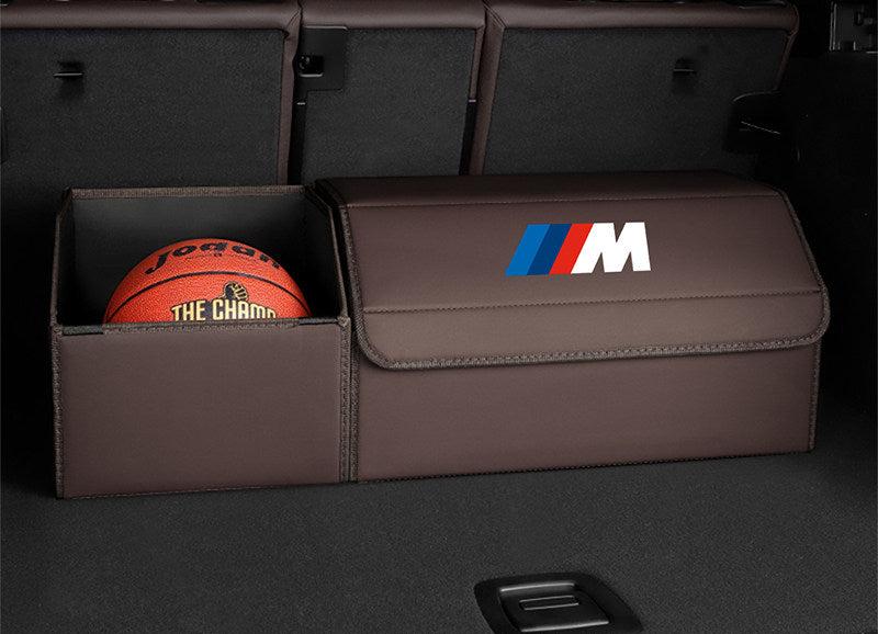 Mocha brown leather BMW M trunk storage box - medium size with extended open basket holding a basketball