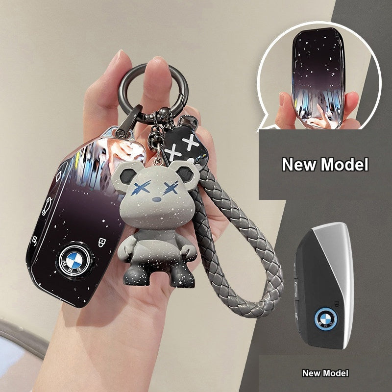 BMW key case New Model - Starry Sky Black + Gradient Bear & Bear Braided Rope