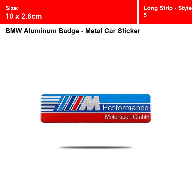 BMW aluminum badge, Long Strip - Style 5 design, size 10 x 2.6cm