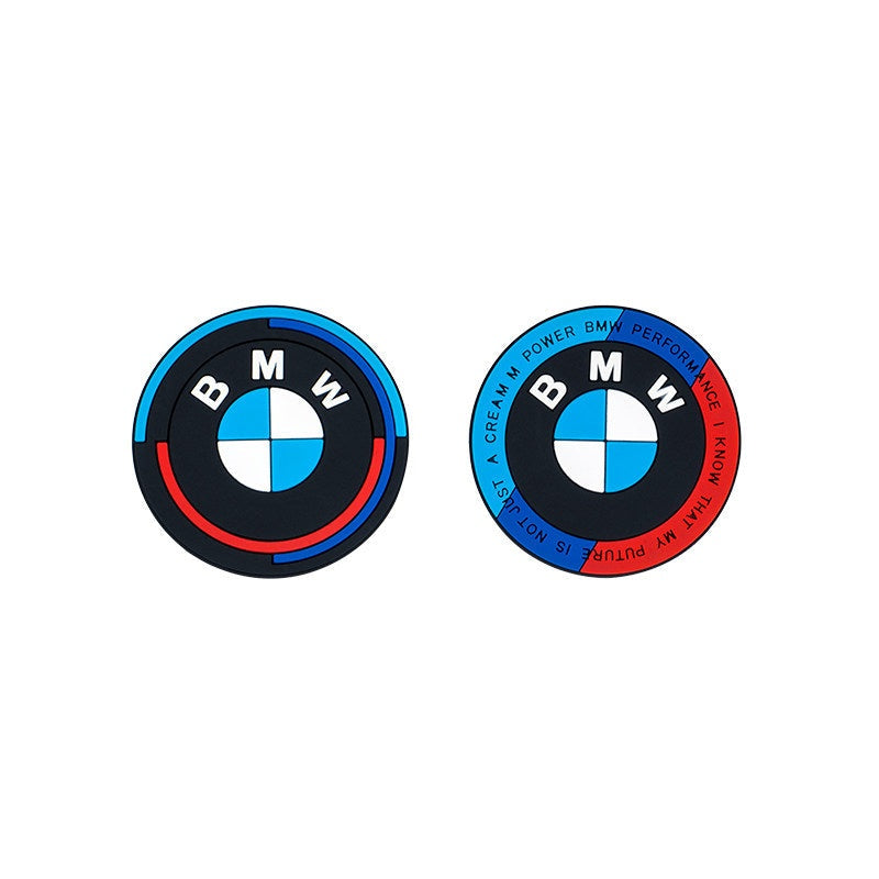 BMW logo coasters, two-tone blue and red silicone design