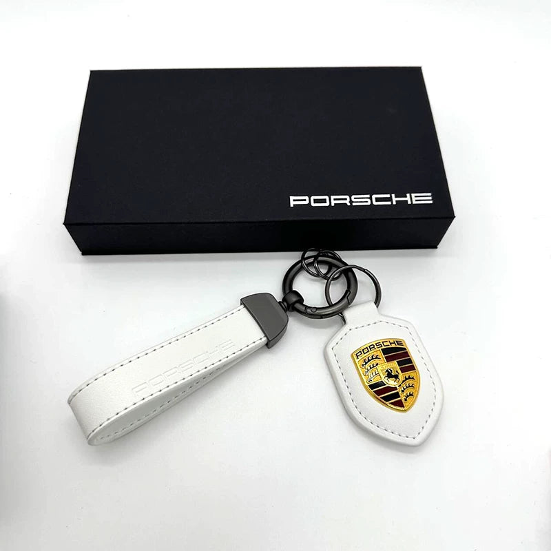 Porsche crest leather key fob in Pearl White
