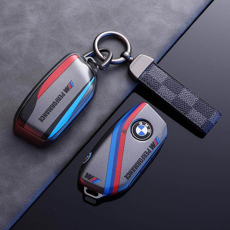 BMW Style F New Model key fob case, black shell, checkered cord keychain