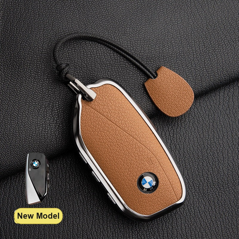 BMW New Model key fob case in Golden Brown ALRAN French goat leather with Simple Rope Strap - fits X1 X3 X5 X7, 5/7 Series, 740Li, i7