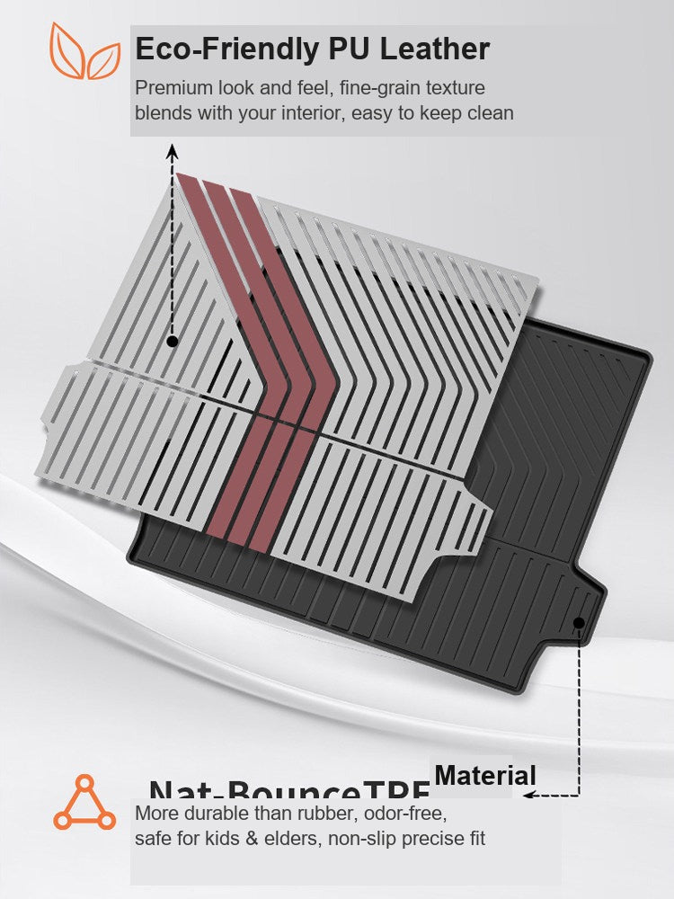 BMW trunk mat eco-friendly PU leather trim and TPE material closeup