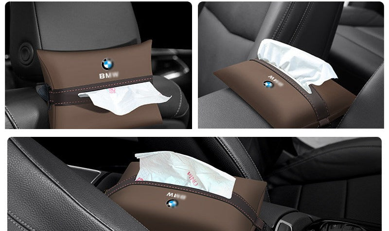 BMW tissue holder mounted on seat back and center console armrest positions
