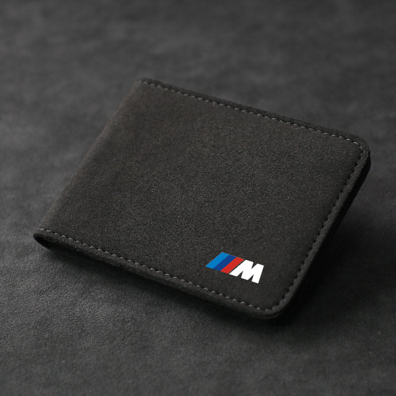 BMW M Performance black suede card wallet front view