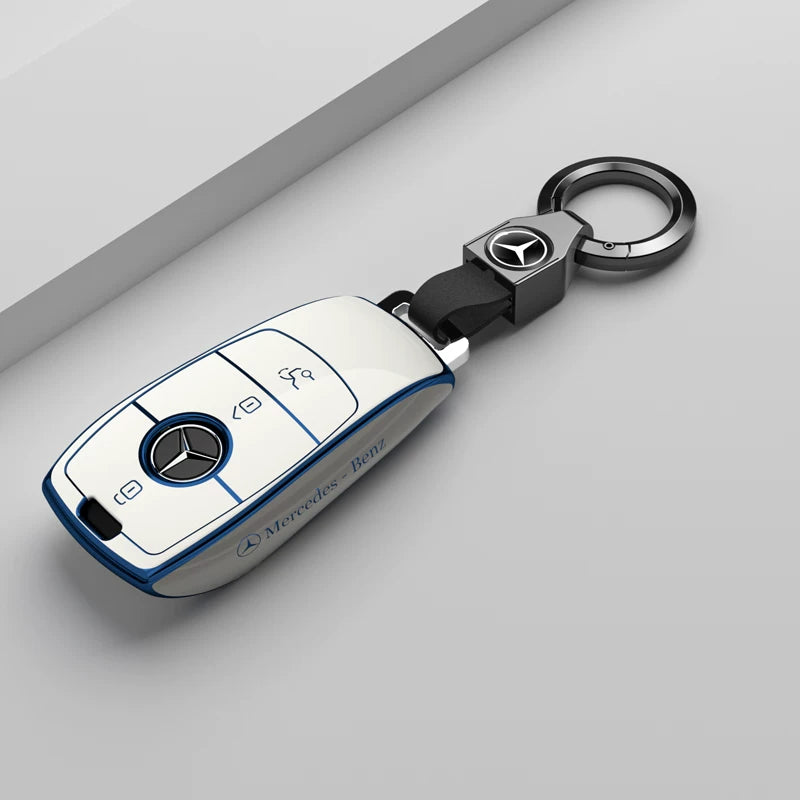 Mercedes-Benz Riviera Two-Tone Key Case – Ivory White – Blue Trim with Star Ring Keychain