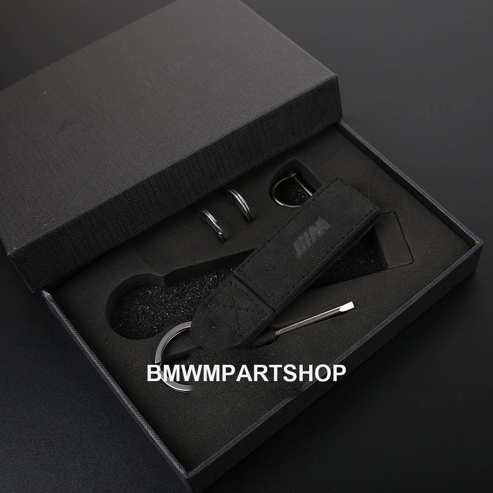 Black Alcantara BMW M keychain gift box set with key ring and tool
