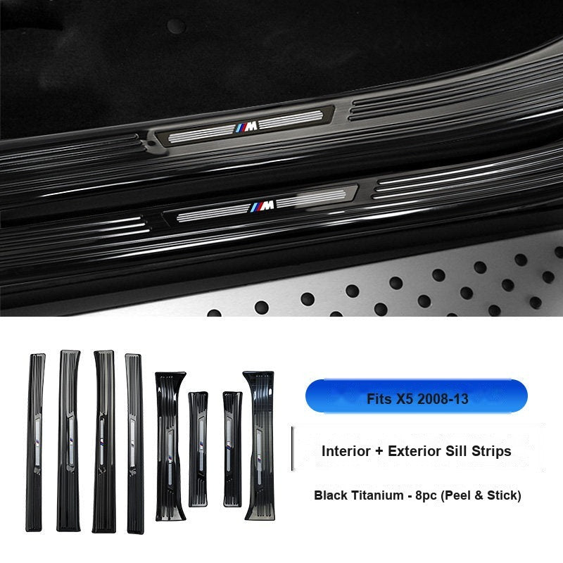 BMW 2008-2013 X5 Door Sill Strip - 8-Piece (Interior + Exterior) - Black Titanium Stainless Steel Scuff Plate Guard