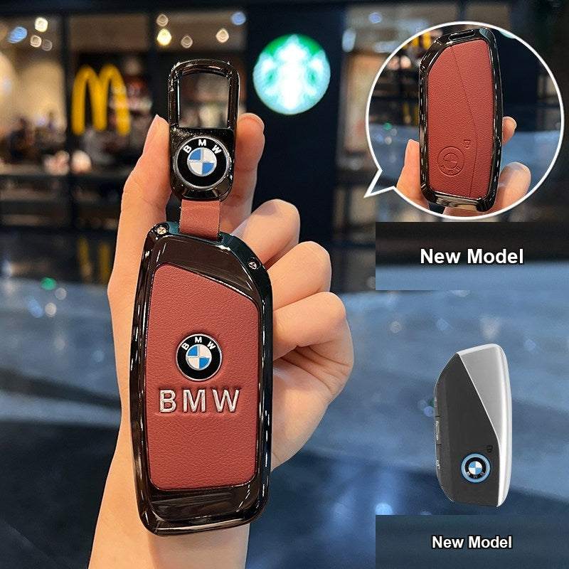 BMW key case New Model - Volcanic Red Leather (Metal Badge) + Car Logo Leather Buckle