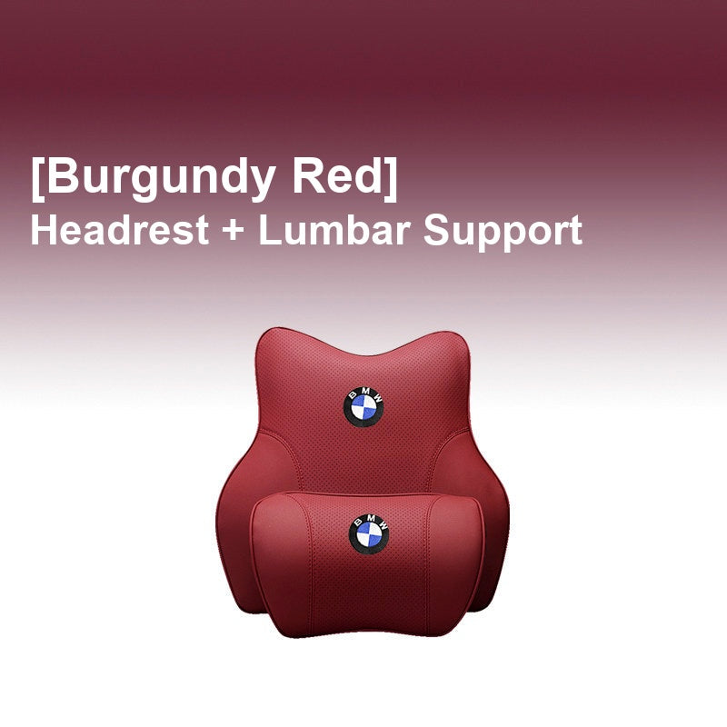BMW Burgundy Red - Headrest + Lumbar Support - Memory Foam Cushion