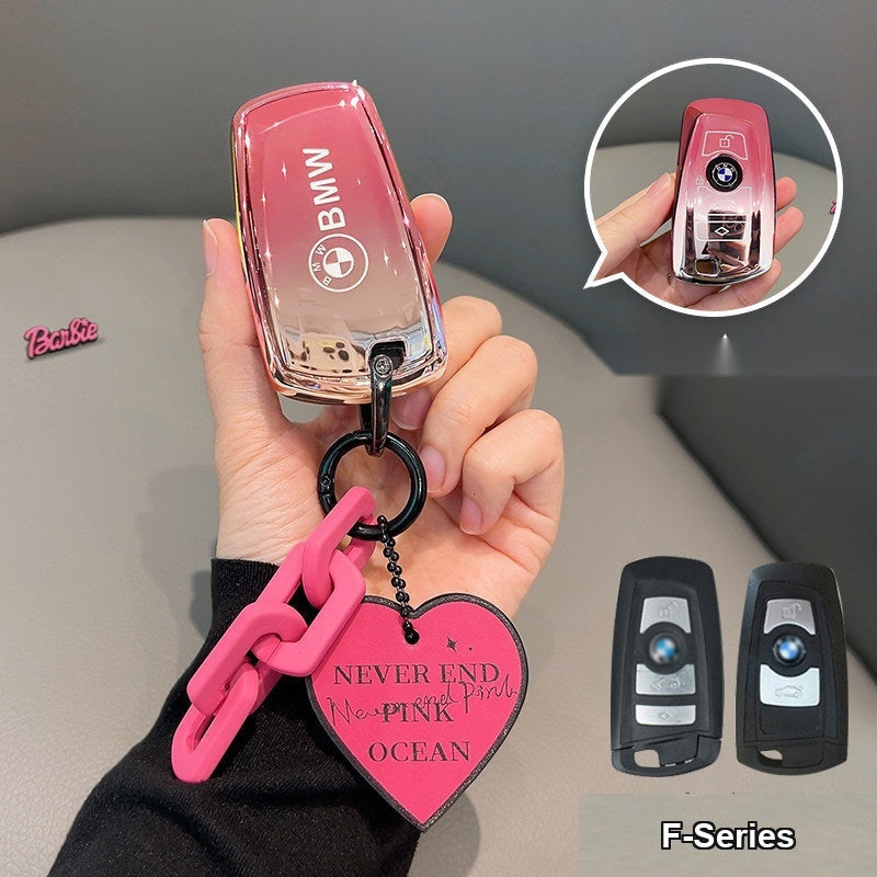 BMW clear glossy cherry blossom pink TPU key case with love bracelet keychain