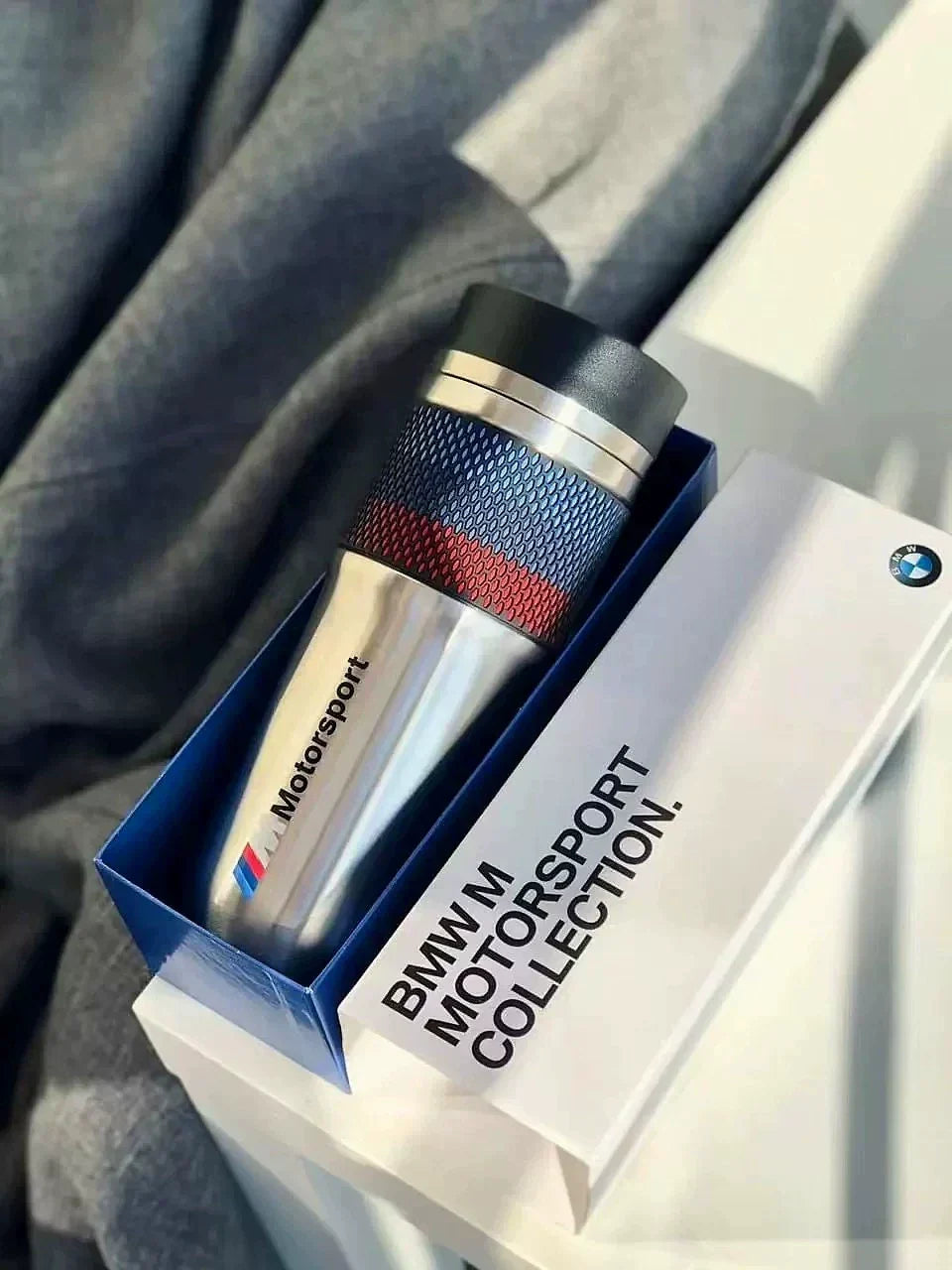BMW M Motorsport thermos cup in gift box with BMW M Motorsport Collection packaging